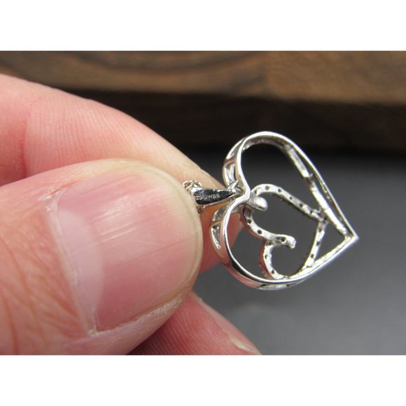 18" Sterling Silver Diamond Chip Heart In Heart Necklace Vintage Minimalist - Picture 4 of 7
